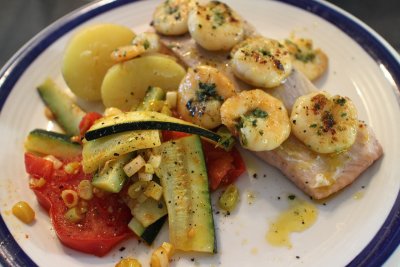 Salmon Topped with Garlic Prawns