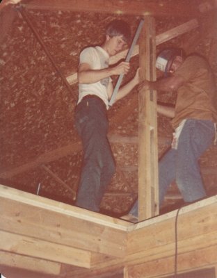 Steve and Dad install the corner post for what will become Mary's upstairs bathroom off the loft bedroom.