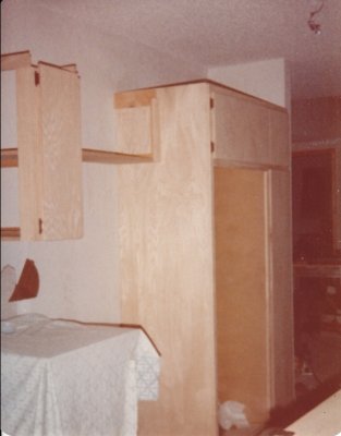 Cabinets and built-in refrigerator enclosure on the west wall of the kitchen