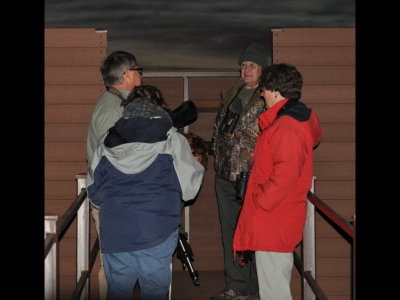 Bill, Mary, Jerry and Marilyn discuss our successful birding day before walking back to the cars by flashlight and moonlight.