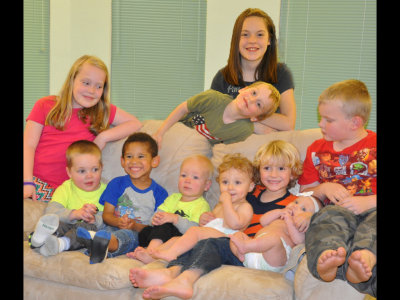 Each of these group photos represents the best of several taken of each group. It's just not that easy getting that many kids to sit still--or great-grandkids. Andi, Luke, Joseph, Nathan, Max, Pierce, Ruthie and Caleb, with Samuel and Catherine in back.