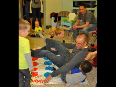 Joseph ends up at the bottom of the pile when Daniel loses his balance. Luke, Nathan, Pierce, Joseph and Ryan look on.
