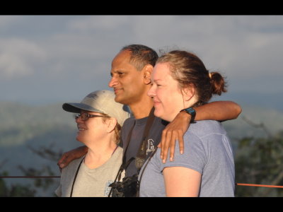 Barbara, Kannan and Mia pose for a sunrise photo
on the deck of Canopy Tower, Panama