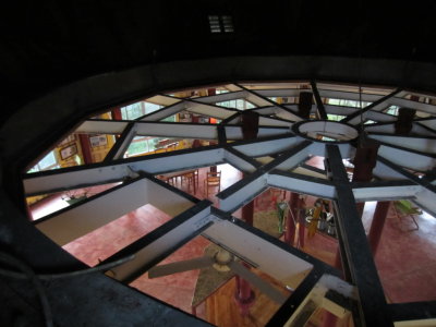 Looking through the floor of the dome into the library/dining area