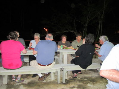 Argie, Bob, Jane, Jim, Mary, Larry, Sara and Bob at dinner on the deck.