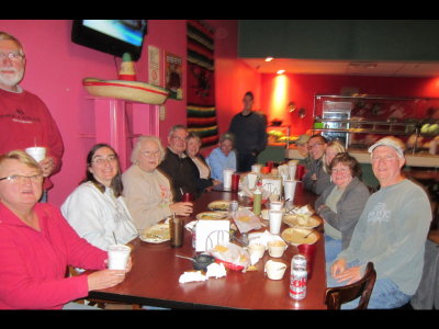 Dinner for the evening was at Kiki's in Brownsville, TX. We had some communication issues with our orders, but everyone was in a good mood and we got one of the wait staff to take our photo: (L front to back) Paul, Laurie, Nadine, Joyce, Albert, Gail, Pete, Doug (standing, with weird light effects); (R front to back) Steve, Mary, Kristin, Ben, John; (missing) Jimmy and John S.