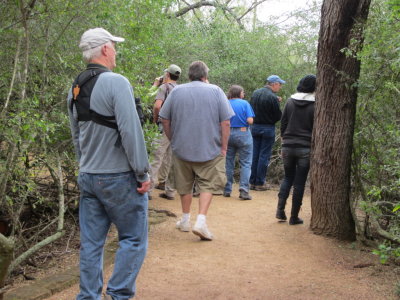 Walking the trail at Quinta Mazatlan, Weslaco, TX: Steve, John, John S, Nadine, Doug, Kristin