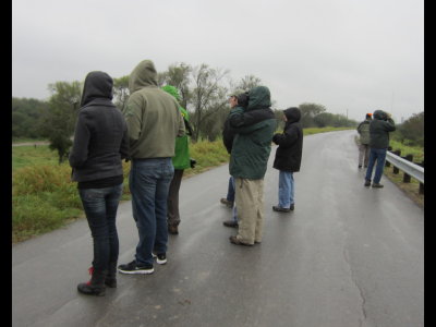 It was another rainy morning, so I was not carry the big camera, but Mary got this photo on the border dike at Anzalduas Park: Kristin, Ben, Pete, John, Steve, Nadine, Jimmy, Albert. 