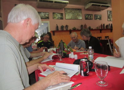 Steve, Doug, John, Paulino, Lou, Marnelle and Patti
going over the bird survey checklist
Friday, Mar 18, 2016, Playa Larga Hotel, Zapata Peninsula, Cuba