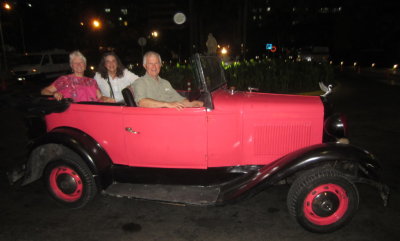 Friday night on the big town: Patti, Renee and Steve ready for adventure in a 1928 taxi. Our driver, William, 39 yo, took us to see the Rolling Stones at their free concert at the Ciudad Deportiva (Sports Complex) 
Havana, Cuba, March 25, 2016