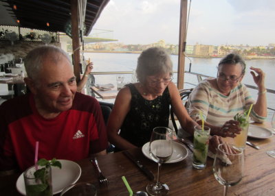 Lou, Marnelle and Renee at Restaurant Rio Mar, our last dinner in Cuba
with the Almendares River (Rio) and the Atlantic Ocean (Mar) in the background
Havana, March 26, 2016