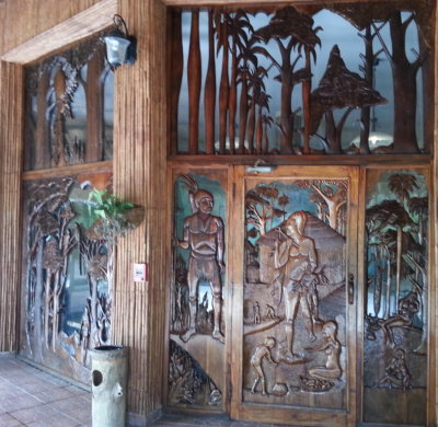 Woodcarvings on the office exterior at Las Caneyes resort, Cuba