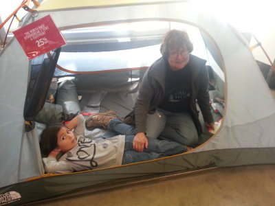 We went to the big REI sale and Devon and Grandma tested the camp tent.