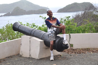 Kannan on a cannon
overlooking the bay at Blue Waters Inn
