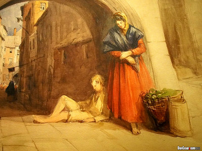 Woman and boy beside an archway on a Galway street, 1838