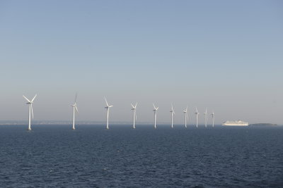 The arrival in Copenhagen with view over the Wind power plants and MS Musica, our ship's sister.