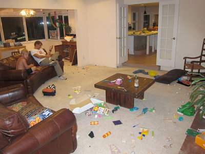 Why does our living room look like this when houseguests are arriving in the morning?