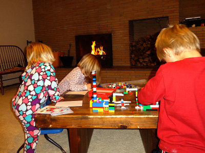 Legos in front of the fire