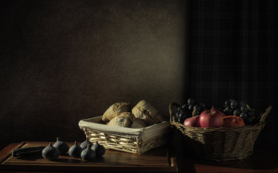 Still life with bread and fruit
