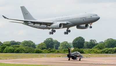 RAF Voyager tanker arives above a waiting Hawk T2