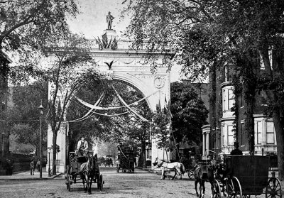 1889 - Original Washington Square Arch, looking uptown