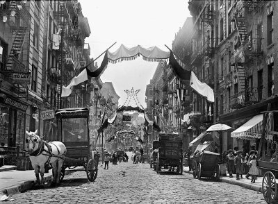 1908 - Mott Street with decorations for an Italian festival