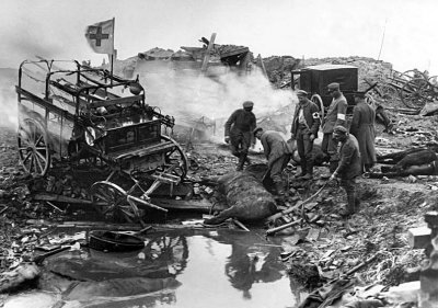 Horse-drawn German ambulances with bomb damage