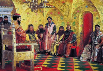Tsar Mikhail holding council with the boyars