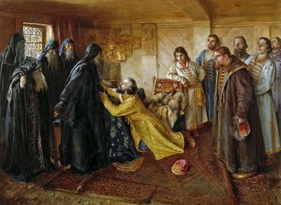 1584 - Ivan the Terrible, wanting forgiveness, begs to be a monk