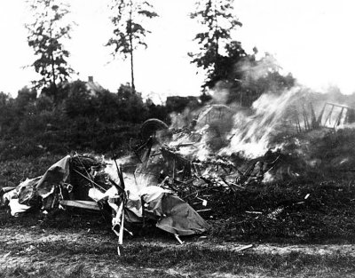 c. 1917 - An aircraft crashed and burning in German territory