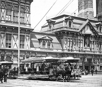 c. 1900 - Fulton Ferry Terminal with horse-drawn streetcars