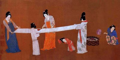 Court ladies preparing newly woven silk (Left side of scroll)