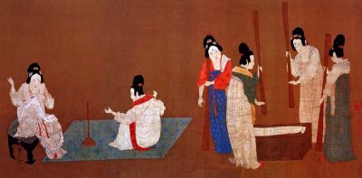 Court ladies preparing newly woven silk (Right side of scroll)