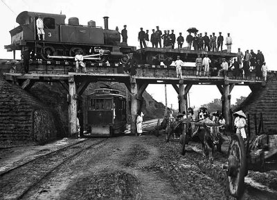 c. 1904 - Transportation: train, streetcar, and ox cart