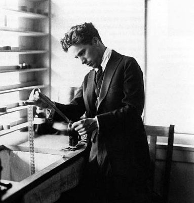 c. 1918 - Charlie Chaplin in his editing room at Chaplin Studios
