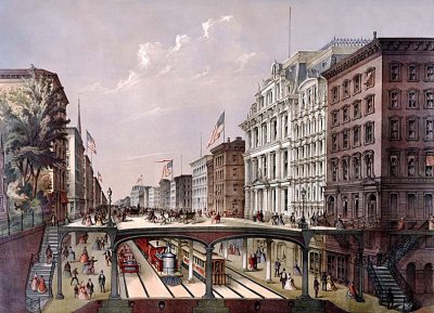c. 1868 - Proposed arcade railway under Broadway, view near Wall Street
