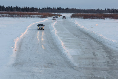 Vehicles on winter road heading to Moose Factory 2013 December 23rd.