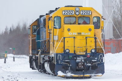 GP40-2 2202 and GP38-2 1801 at Moosonee