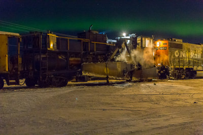 Spreader train under the Northern Lights in Moosonee.