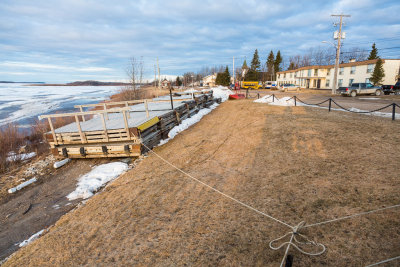 Dock sections tied up in Moosonee to keep them from floating away.