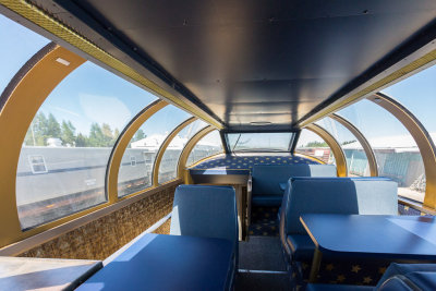 Upper level seating Ontario Northland Railway dome car Otter Rapids 900.