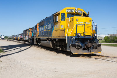 Polar Bear Express at Moosonee. Locomotives pull ahead of consist.