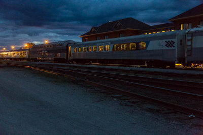 Polar Bear Express arriving in Cochrane from Moosonee 2014 July 3rd night time