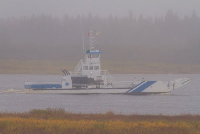 2014 October 10th barge Niska I heads to Moose Factory in rain.