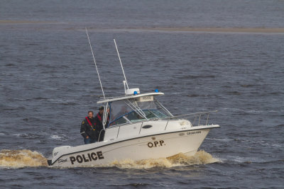 2014 October 15 Ontario Provincial Police boat on the river at Moosonee.