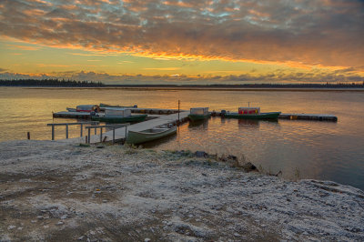 Two Bay docks in Moosonee just before sunrise.
