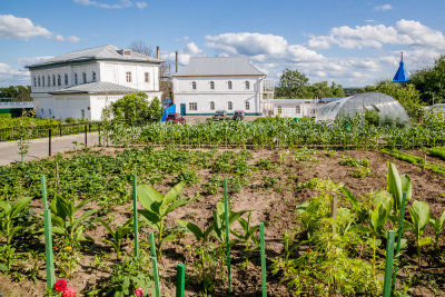 Wide view of the garden in front of the dormitories.