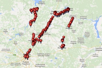 Russia Trip Locations.  This is the GPS mapping of my trip.  Moscow is the cluster to the bottom left.
