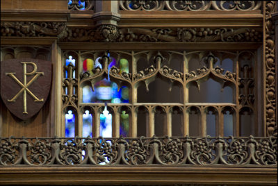 Rood Screen: tracery to the right of Chi Rho shield