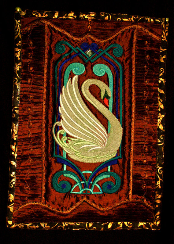 Art Deco Swan on silk with pleated borders..jpg